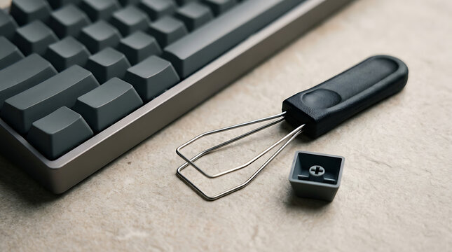 Mechanical keyboard with a metal keycap puller and a single detached gray keycap on a desk surface