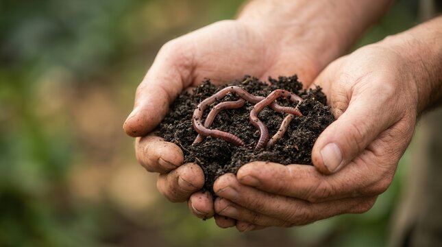 A cluster of active earthworms in dark organic soil held by hands symbolizing soil health.