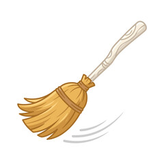 Obraz premium Cartoon broom with straw bristles and wooden handle sweeping with motion lines PNG Isolated on transparent background : characters and elements for halloween