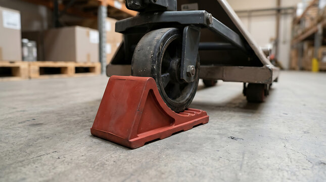 Red plastic wheel chock securing a pallet jack wheel on a concrete warehouse floor surface