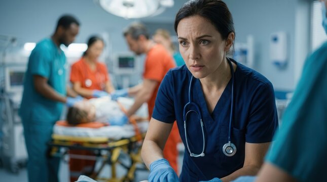 Emergency room medical professionals attending to a patient with intense focus and urgency.