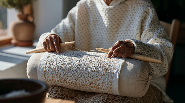 A Hungarian lace maker works bobbins around a cylindrical pillow in a sunlit cottage window, intricate thread pattern emerging beneath pinned parchment, folk craft, traditional