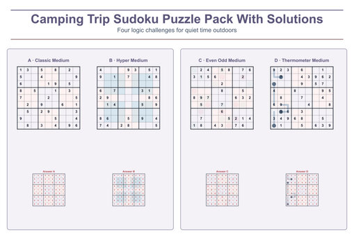 Camping trip Sudoku puzzle pack with solutions for outdoor activities  