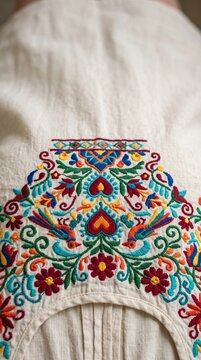 Vibrant Folkloric Embroidery with Birds and Flowers on Cream Fabric Celebrating Hispanic Heritage