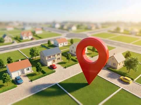 Tilt shift miniature suburban street with red location pin marker