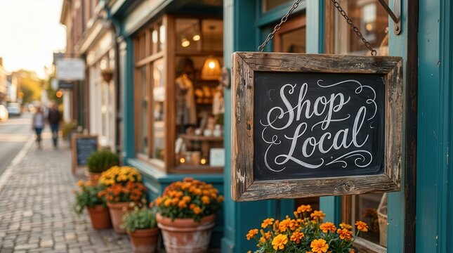 Handwritten 'Shop Local' text on a rustic wooden chalkboard sign hanging outside a small business.