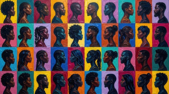 Abstract painting of diverse human profiles in colorful silhouettes representing equality.