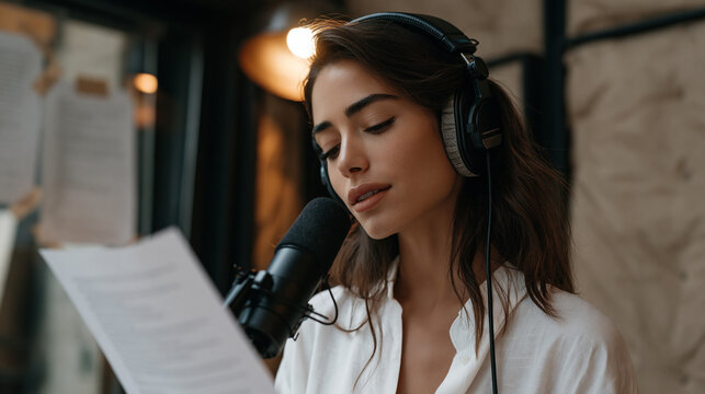 A voice actor records narration in a padded sound booth, script pages taped to the glass, headphones clamped on, microphone at jaw level, warm booth light creating intimate