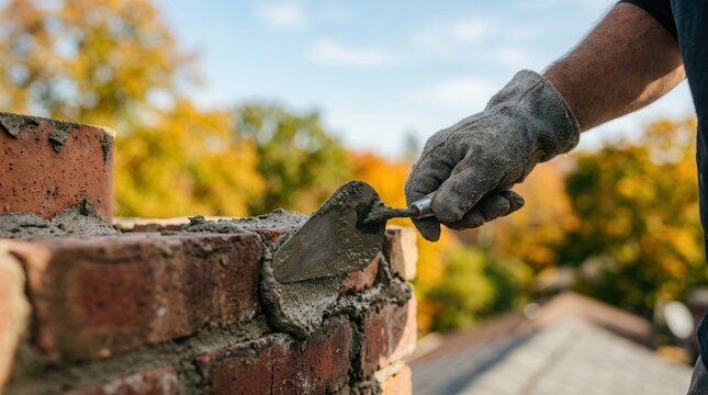 Mason applying mortar to a brick chimney during a repair process.