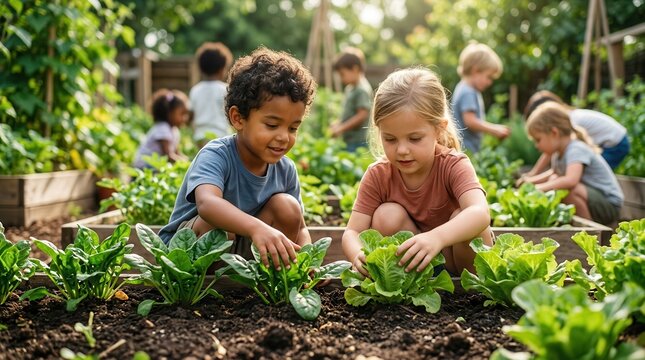 Young students engaged in hands-on learning by gardening in a school vegetable patch.
