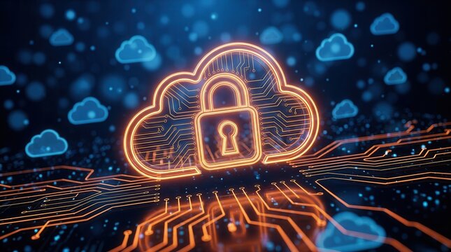 Cybersecurity and data protection concept featuring a stylized cloud icon and padlock.