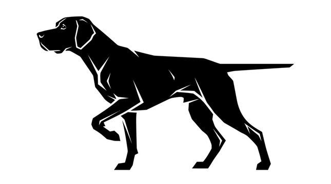 Black and white hunting dog in point stance. Elegant canine silhouette targeting game with focused precision.
