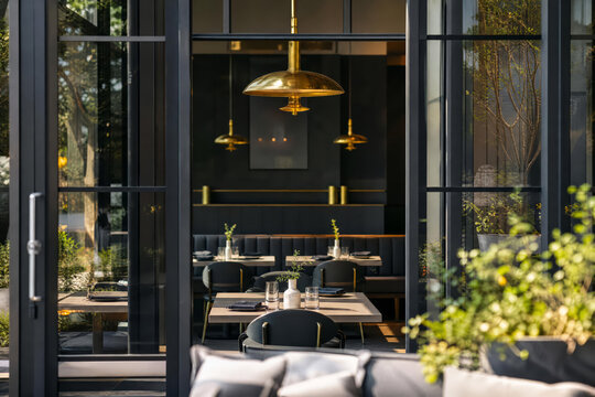Monochrome Evening Nook With Layered Restaurant Depth And Contemporary Cafe Dining
