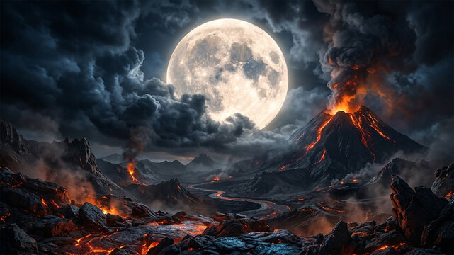 Volcanic eruption under a full moon. Night landscape with glowing lava and dark clouds.