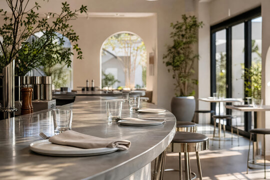 Contemporary Cafe Dining Night Bistro Bar Top With Bright Interiors And Clean Ceramics