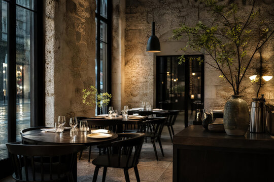 Contemporary Cafe Dining Stone Walled Tavern With Bright Interiors And Clean Ceramics