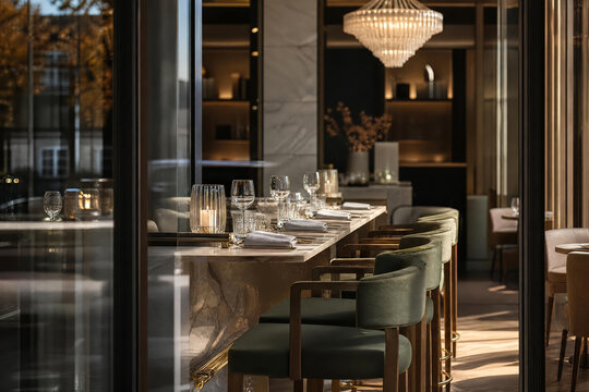 Hotel Lobby Corner With Architectural Symmetry And Contemporary Cafe Dining