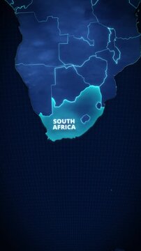 Vertical digital map of South Africa, Africa, featuring a glowing cyan highlight over a dark blue dotted grid, ideal for a short-form video platform or mobile app promo.

