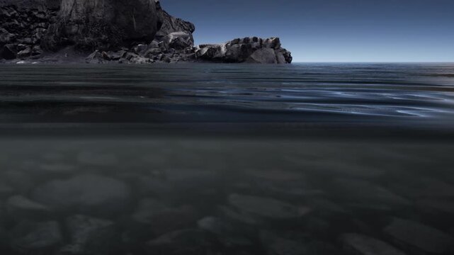 The scene shows dark water with ripples, revealing rocks under the surface. A rock formation stands tall at the edge of the water. The sun is shining brightly in the sky.