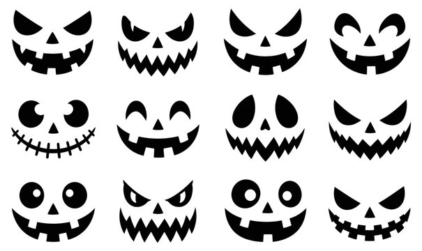 Collection of black silhouette jack o lantern faces on a white background for halloween decorations and spooky autumn designs