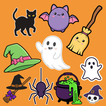 Cute halloween sticker set with black cat bat ghost witch hat spider and cauldron on orange background