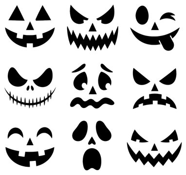 Black Silhouette Jack o Lantern Faces Collection on White Background for Halloween Decorations and Spooky Designs