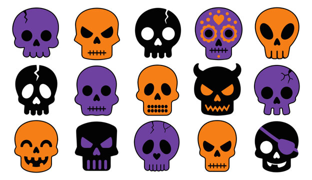 Colorful halloween skulls collection with cracked designs and varied expressions a flat vector illustration on a white background
