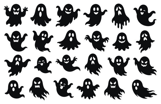 Collection of spooky black ghost silhouettes on a white background perfect for halloween designs and festive occasions