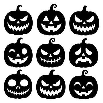 Nine black pumpkin silhouettes with varying spooky faces on a white background for halloween decorations