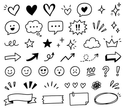 Collection of hand drawn doodle elements including hearts speech bubbles stars and faces on a white background