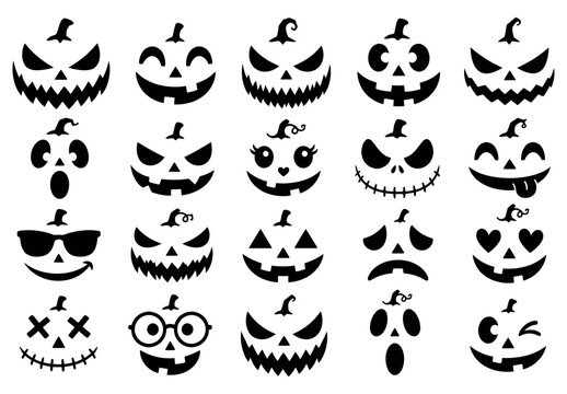 Collection of black silhouette jack o lantern faces on a white background for halloween decorations and festive designs