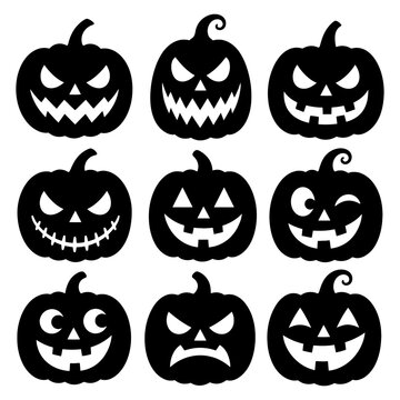 Black silhouette jack o lanterns in a grid pattern spooky halloween pumpkin faces on a white background