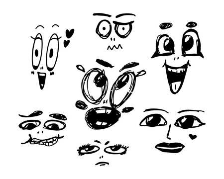 Collection Funny comic Sketch Faces, hand-drawn facial Expressions with playful Emotions. Black ink doodle image for stickers, comics, Character design. Cheerful, crazy, in love. Vector illustration