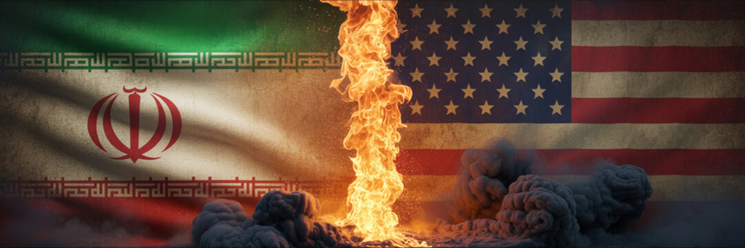 Iranian and American national flags separated by intense fire and smoke wall.