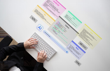 Obraz premium A programmer actively engages with a keyboard while surrounded by vibrant programming language panels, emphasizing technology, innovation, and coding education. Cyphers