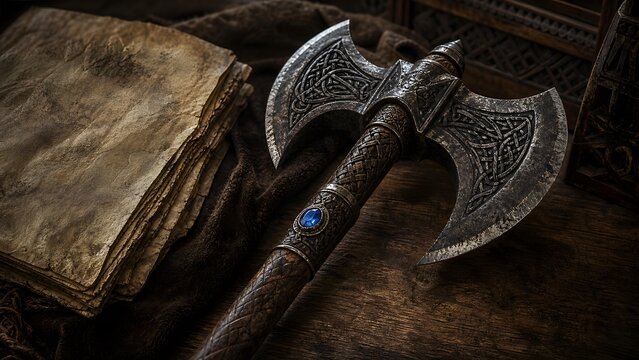 Ceremonial Double Headed Viking Battle Axe Engraved Metal Ornament Ancient Parchment Banner
