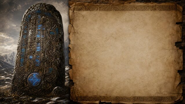 Ancient Towering Weathered Norse Runestone Blue Rune Carving Mythological Parchment Banner