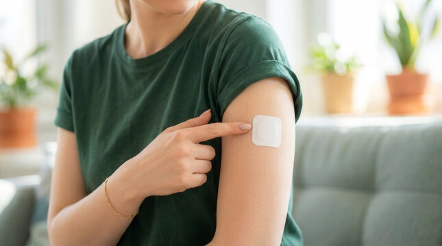 Woman pointing at birth control patch on arm while sitting on couch, contraception and family planning in daily life