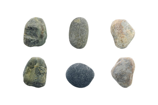 Set of natural sea pebbles isolated on white background.