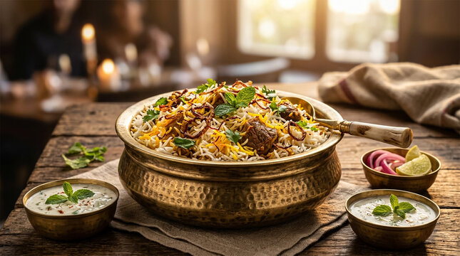 Delicious aromatic mutton basmati biryani in brass handi