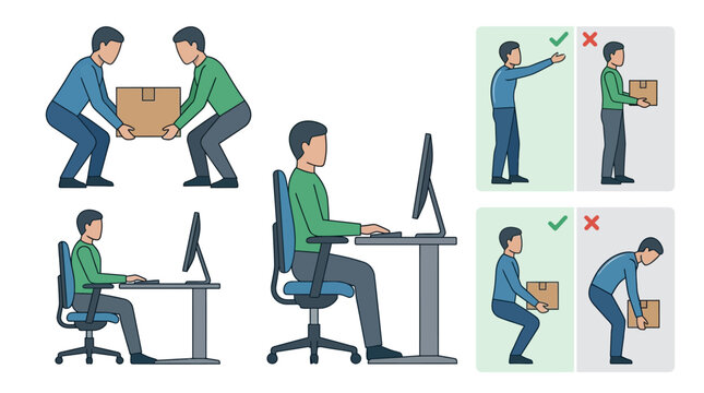 Ergonomics guide for correct posture while sitting and lifting
