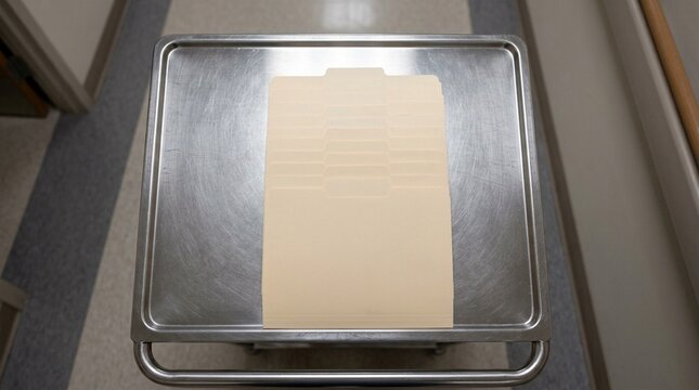 Folder Stack Labeled with Patient Room Tags Stacked Neatly on a Handoff Cart - Healthcare Documentation Concept, No People