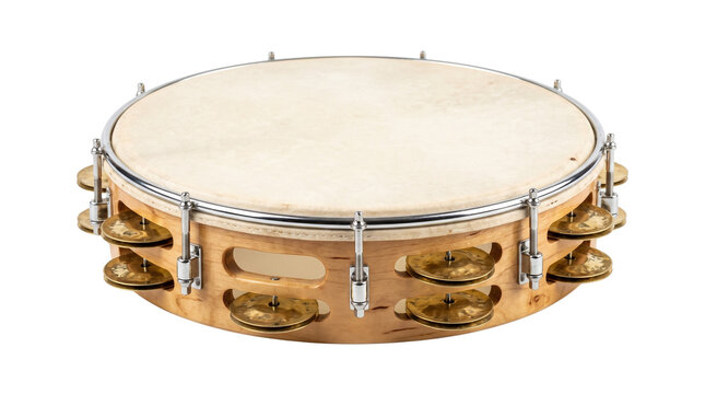 Professional wooden tambourine with metal jingles, traditional percussion drum instrument, orchestral hand drum for musical performance isolated PNG with Transparent Background