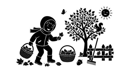 Child Collecting Autumn Leaves Under a Tree with a Basket and Rake Featuring Garden, Nature, Outdoor with Activity and Harvest © Firoz