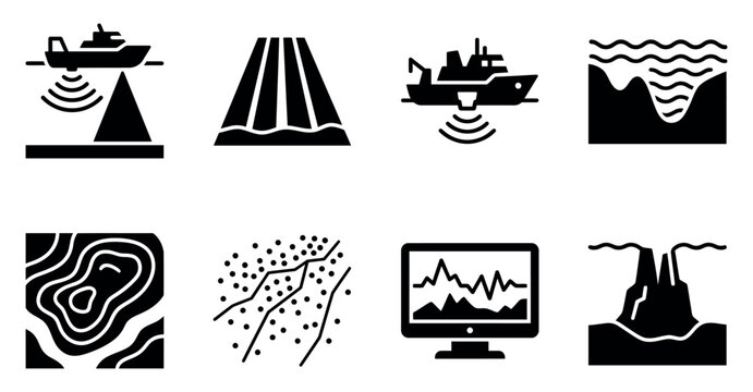 Set of black icons showing sonar depth measurement and underwater ocean floor mapping technology symbols Minimal solid fill icon set bundle collection. Editable Vector Illustration Mega pack