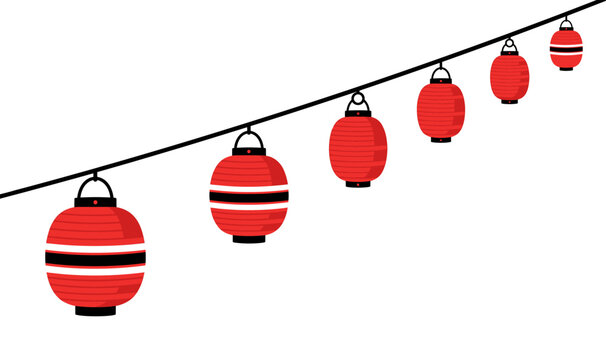 Row of traditional japanese hanging red paper lanterns on a diagonal string with japanese festival decoration tradition oriental celebration