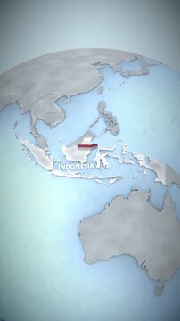Vertical 3D globe animation of Indonesia, Southeast Asia, featuring a silver landmass, white boundary highlight, and national flag, designed for mobile travel promos and short-form social media.
