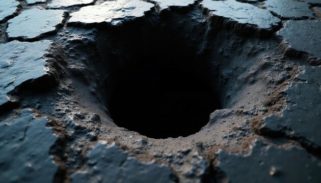 Deep dark hole in cracked rough textured surface. Mysterious abyss, dark pit, cave entrance, descent into unknown. Abstract background, grunge ground, stone texture, digital render, fantasy theme.