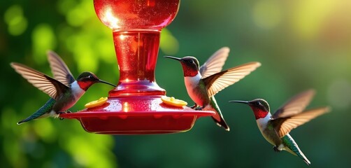 Fototapeta premium Three ruby throated hummingbirds hover near red plastic bird feeder in backyard garden. Small colorful birds flap wings fast drinking sweet sugar nectar water from spring outdoor equipment. Beautiful