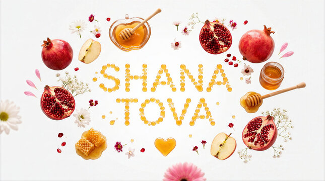Rosh Hashanah Greeting with Shana Tova Honey Text, Pomegranates, and Apples on White Background